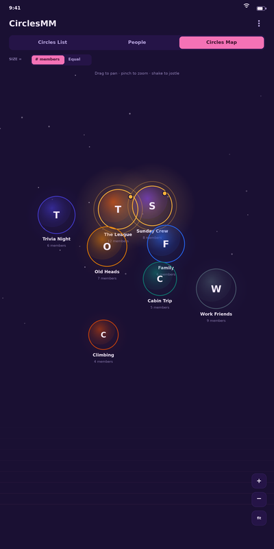 The Circles Map in CirclesMM, showing each circle as a glowing ring