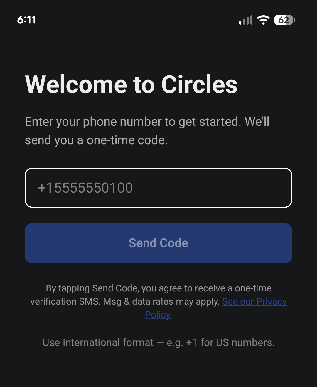Circles in-app sign-up screen showing the SMS consent notice beneath the Send Code button